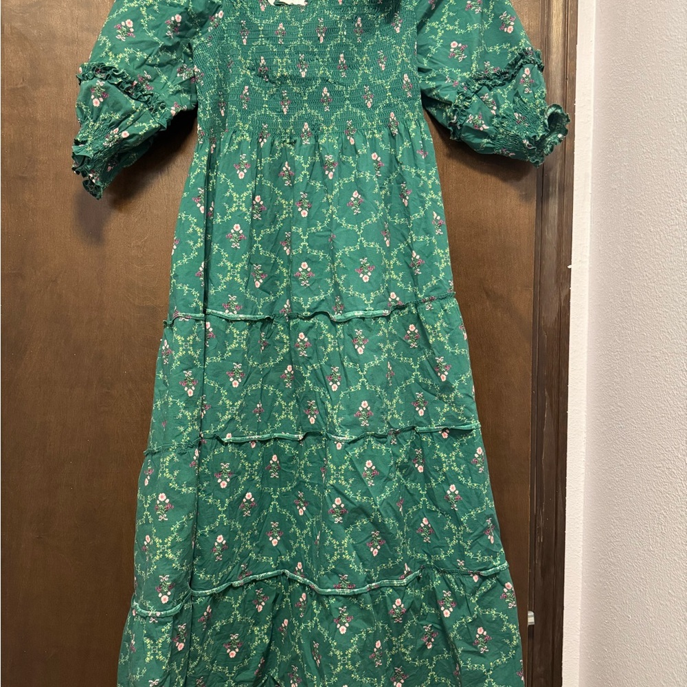 Hill House Nap Dress - Green Tiered Sundress with Puff Sleeves